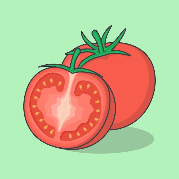 Slice And Whole Of Tomato Cartoon Vector Illustration Fresh Red Tomatoes Flat Icon Outline