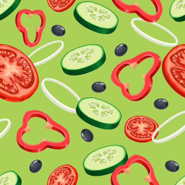 Sliced flying vegetables seamless pattern Salad ingredients on the green background Tomato cucumber onion and olives Vector illustration