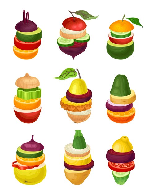 Vector sliced fruits and vegetables arranged in pile vector set