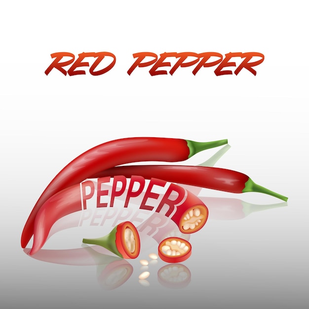 Sliced red pepper Vector illustration of advertising red pepper with mirror reflection