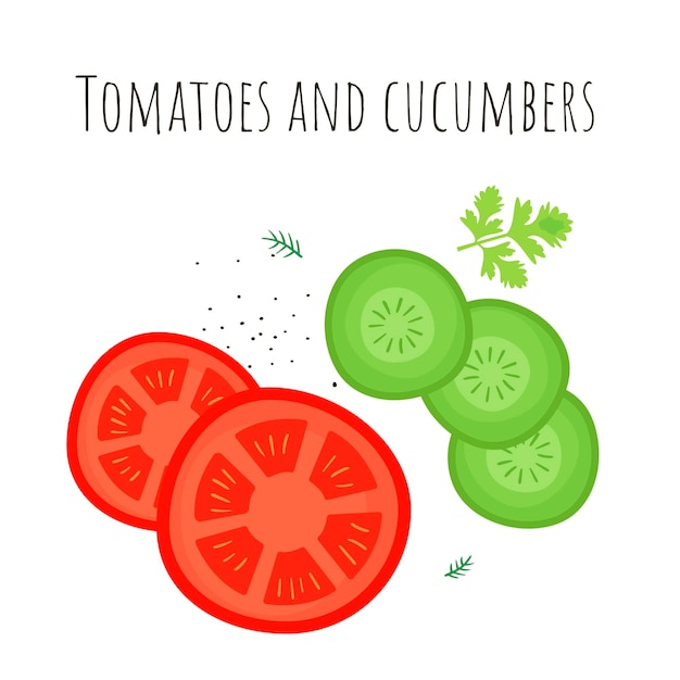 Vector sliced tomatoes and cucumbers