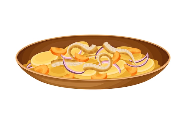 Sliced Vegetables with Octopus as Brazilian Cuisine Dish Vector Illustration