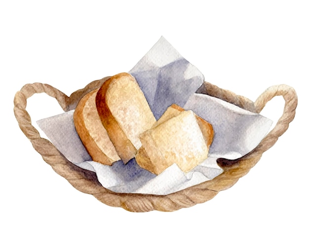 Sliced wheat bread in a wicker basket Isolated on white Hand drawn watercolor food sketch