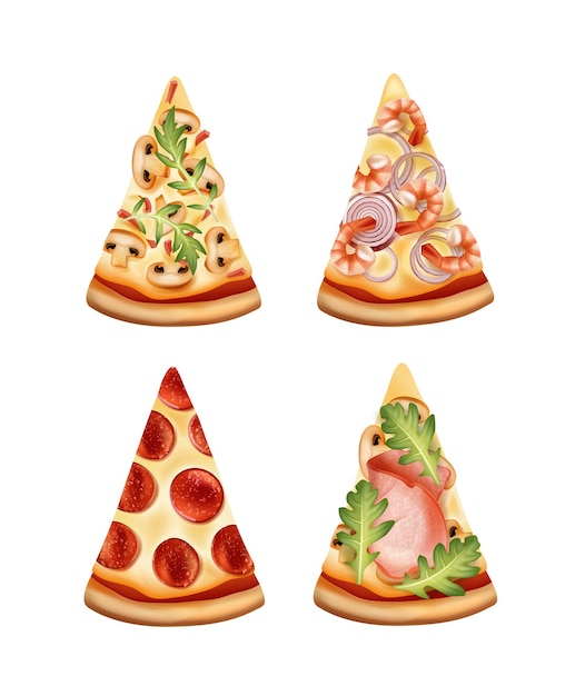 slices of pizza with four variants of fillings isolated on white