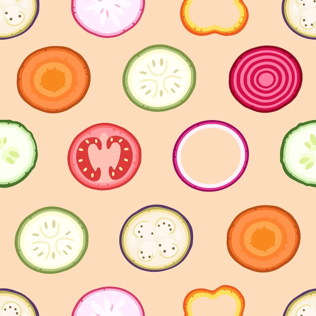 Slices of vegetables on a pink background seamless pattern on Vector illustration background