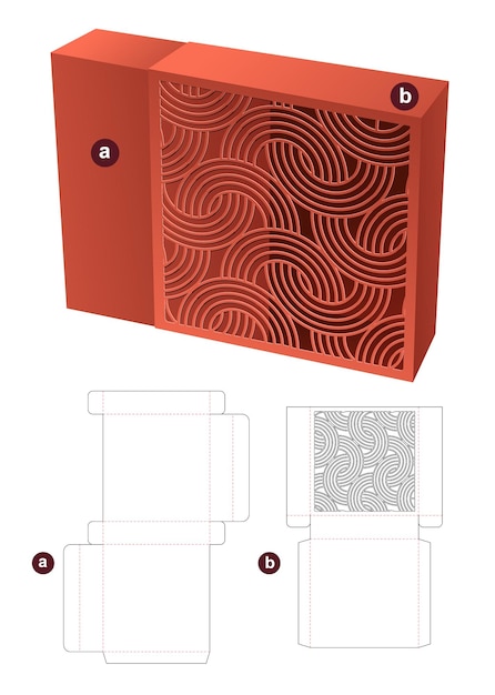 Sliding box with stenciled curved pattern die cut template and 3D mockup