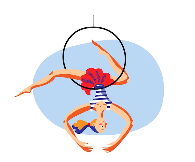 Slim female gymnast making trick upside down hanging aerial hoop to invisible imaginary circus dome