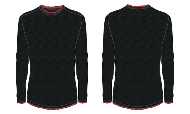 Slim fit long sleeve t shirt technical fashion flats Black Color vector illustration template.