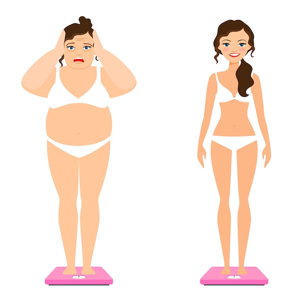 Slim woman and female overweight body on scale