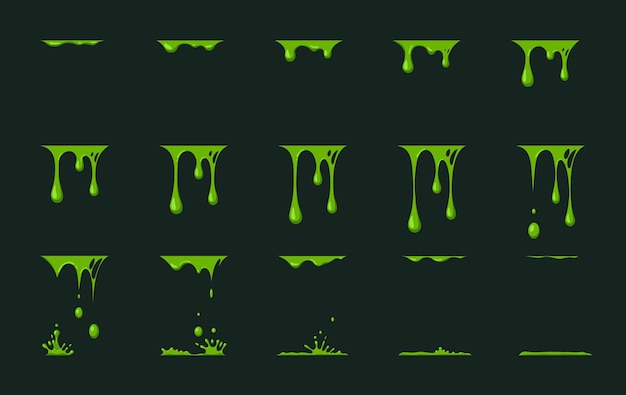 Slime dripping Zombie green liquid drops animation Mucus or paint flows Toxic drop and splats moving for cartoon exact vector elements