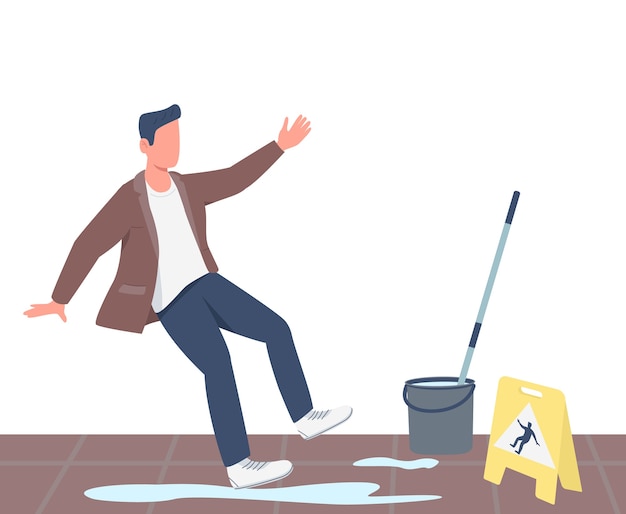 Slipped man flat color faceless character. Guy falling near wet floor sign isolated cartoon illustration for web graphic design and animation. Janitorial precaution, slippery surface warning