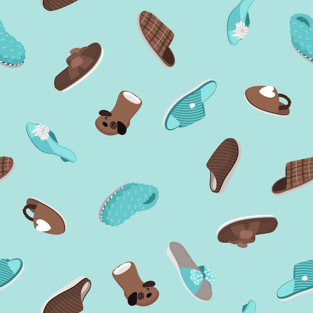 Slippers seamless pattern. Hand drawn home footwear, fur shoes and cozy sandals, vector illustration of cute comfortable shoe set