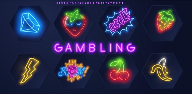 Slot machine bright neon vector symbols casino light gambling icons