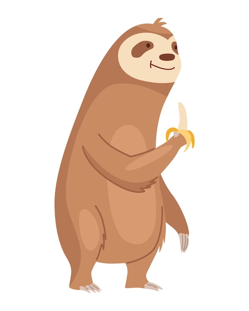 Sloth character eating banana Cute cartoon slothbear character Funny lazy animal hand drawn clip art illustration Jungle rainforest sloth Tropical mammal or adorable sloth