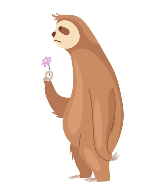 Sloth character sad conceived and with a flower Cute cartoon slothbear character Funny lazy animal hand drawn clip art illustration Jungle rainforest sloth Tropical mammal or adorable sloth