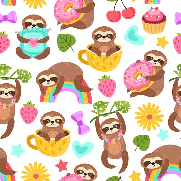 Sloth pattern. Sleep animal, cartoon sloths eat dancing or dream. Cute zoo characters, exotic characters print exact vector seamless texture. Sloth slow seamless, jungle character illustration