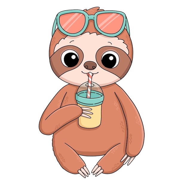 Sloth in sun glasses with smoothie drink summer vector illustration