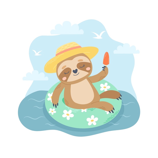 Sloth swimming on rubber ring in the sea Summer character vacation activity