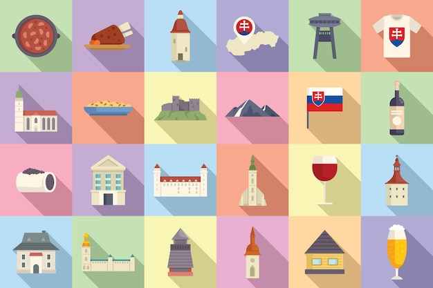 Slovakia icons set flat vector City culture Historic europe