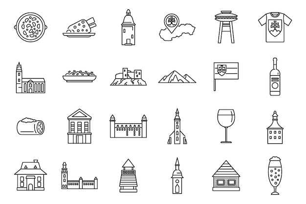 Slovakia icons set outline vector City culture Historic europe