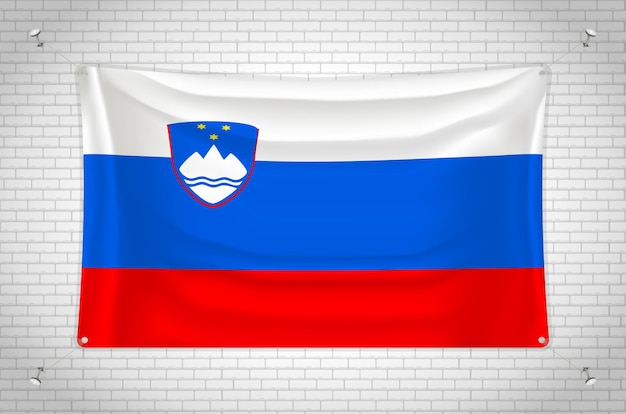 Slovenia flag hanging on brick wall. 3D drawing. Flag attached to the wall. Neatly drawing in groups