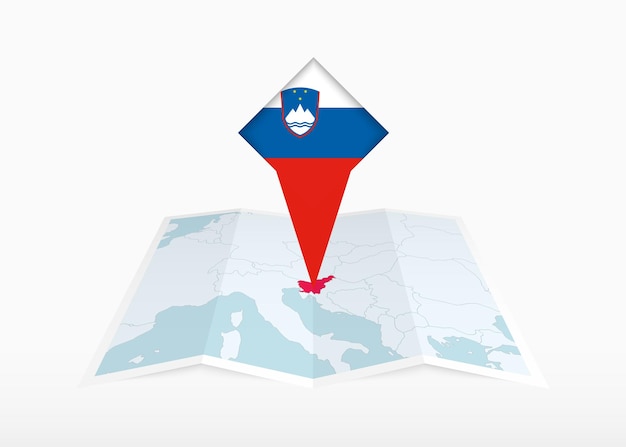 Slovenia is depicted on a folded paper map and pinned location marker with flag of Slovenia