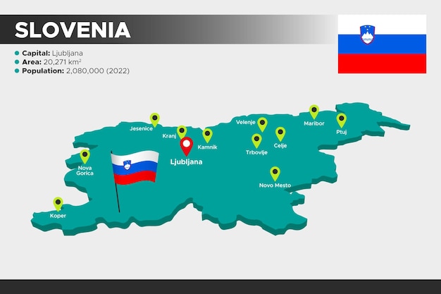 Slovenia isometric 3d illustration map Flag capital cities area population and map of Slovenia