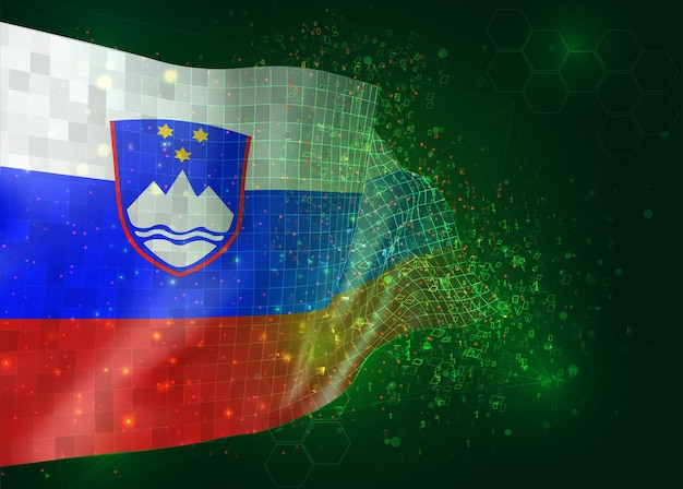 Slovenia, on vector 3d flag on green background with polygons and data numbers