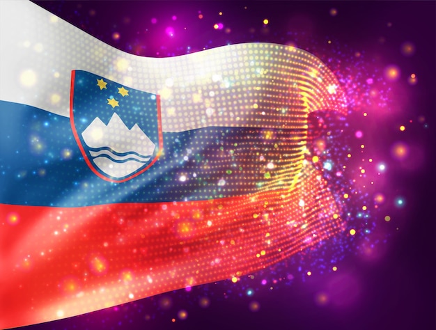 Slovenia, vector 3d flag on pink purple background with lighting and flares