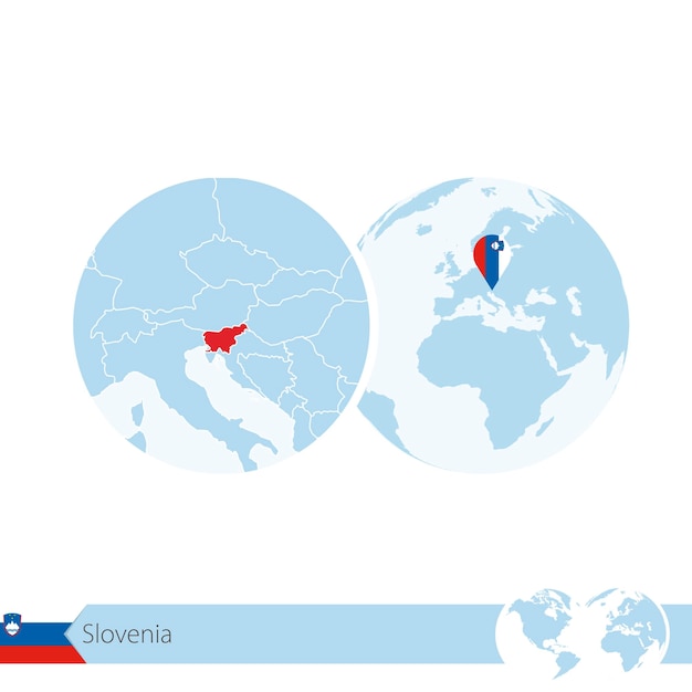 Slovenia on world globe with flag and regional map of Slovenia. Vector Illustration.