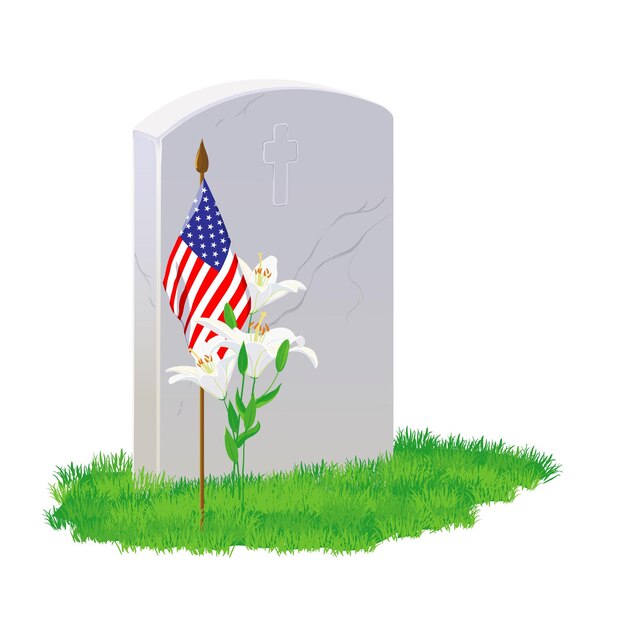 Vector small american flags and headstones at cemetary memorial day decoration