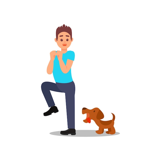 Small angry dog barking at man Young guy in stress situation Male character with scared face expression Flat vector design