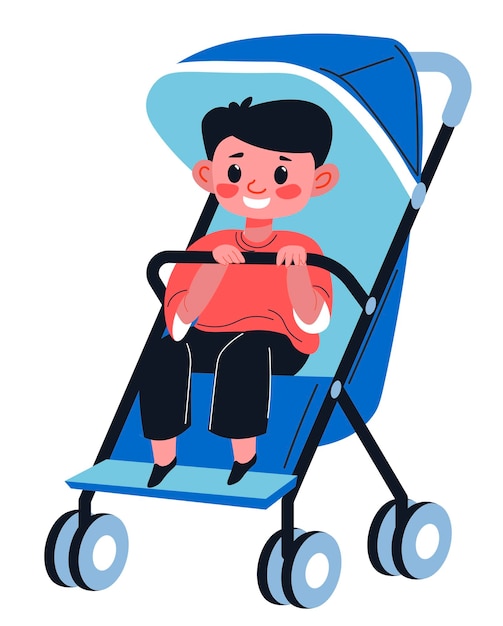 Small baby boy in pram, isolated kiddo holding handle of perambulator. Toddler sitting in comfortable pushchair with protection from sun. Traveling and walking outdoors. Vector in flat style