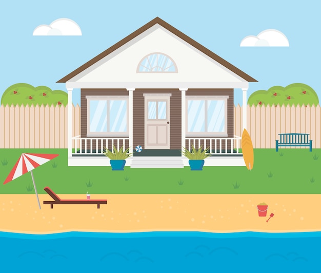 Small beach house. Shore of sea, river, lake. Summer theme. Wooden building for vacation. Cozy residential house.