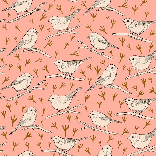 Vector small birds on tree branches vector seamless pattern