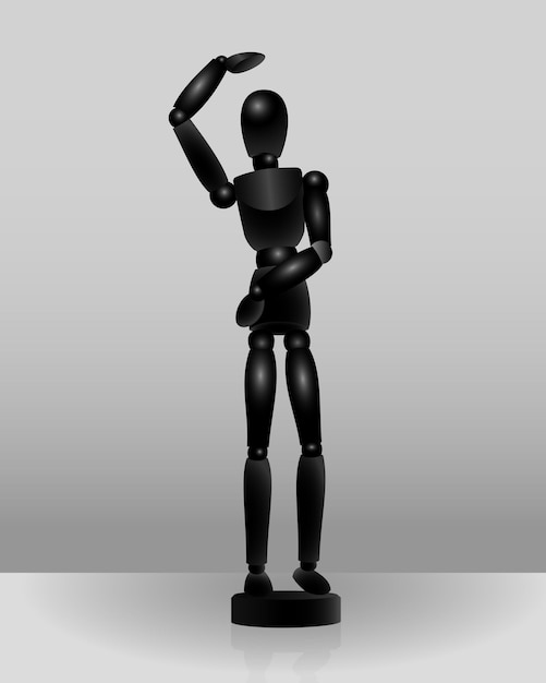 Vector small black mannequin doing dance pose in 3d illustration with neutral gray background