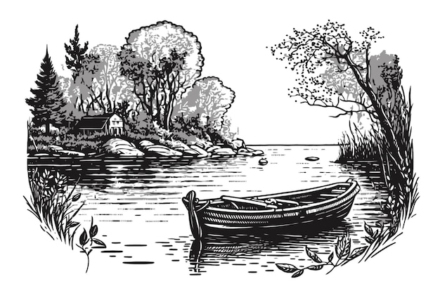 Small boat on calm water lake drawing sketched border of trees in the background Black color in sketch style Vector illustratio