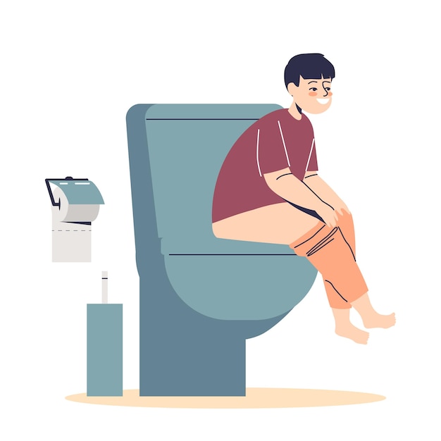 Small boy sitting in toilet pooping. Preschool child in restroom wc. Kids hygiene and health