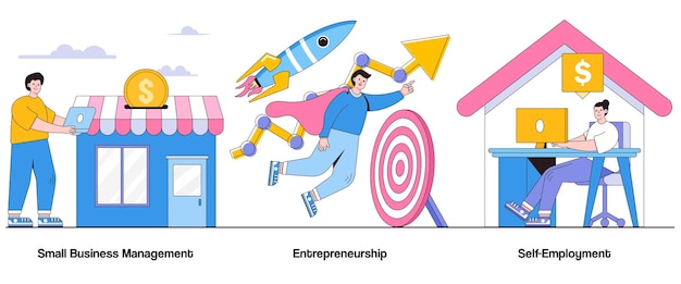 Vector small business management entrepreneurship selfemployment concept with character business ownership abstract vector illustration set entrepreneurial spirit small business journey metaphor