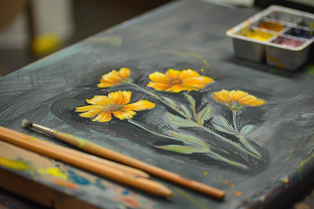 Vector a small canvas drawing is made of yellow flowers in the style of dark gray and emerald luminous shad