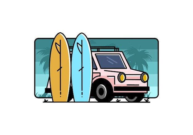 Small car and two surfboards illustration