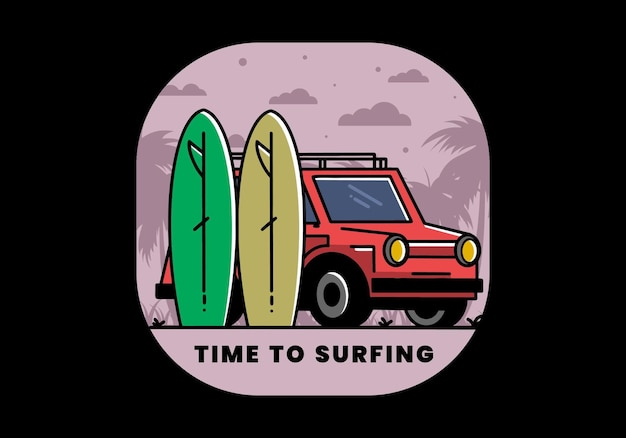 Small car and two surfboards illustration