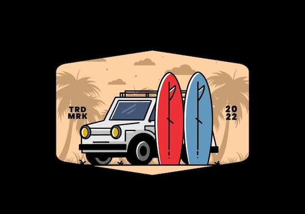 Small car and two surfboards illustration