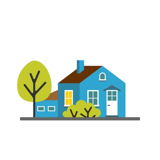 Small cartoon blue house with trees isolated vector illustration