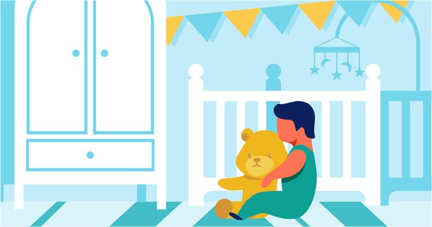 Vector small child playing alone with teddy bear cartoon