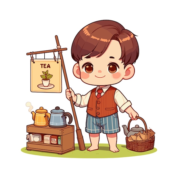 A small child selling tea he is wearing short shorts and a vest and has a kettle in his hand