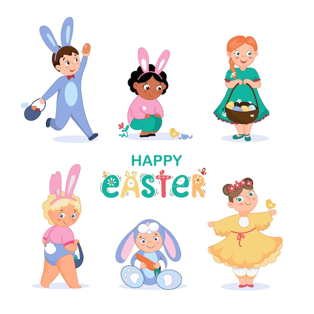 Small children in Easter costumes A set of cute cartoonstyle characters Easter card