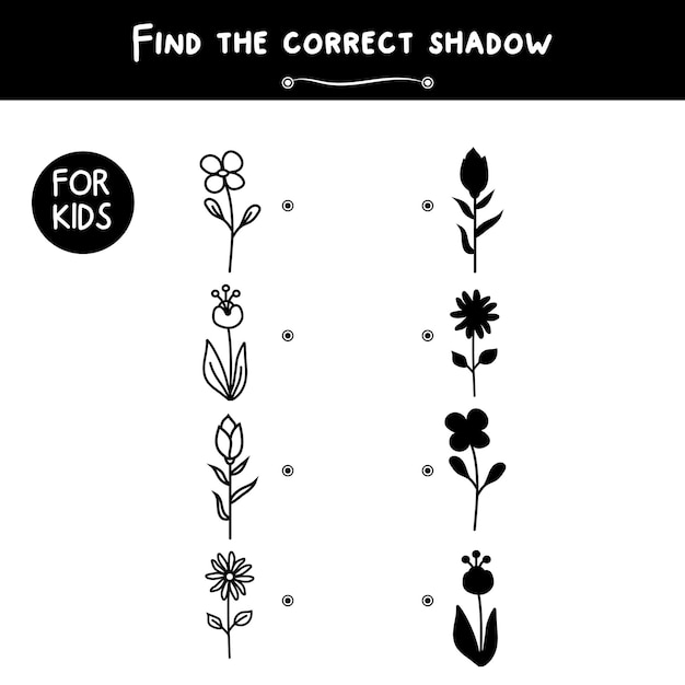 Small cute black flowers. Find the correct shadow. Educational game for children. Cartoon vector ill