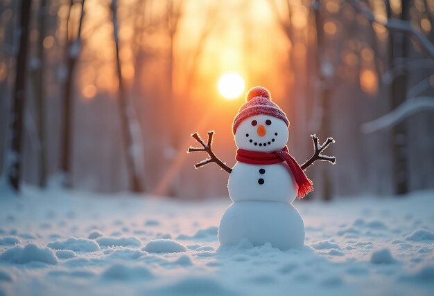 Vector small cute snowman in a knitted hat and a blue scarf with a christmas red ball on the snow