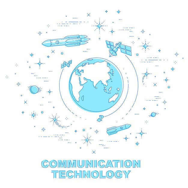 Small Earth in endless space surrounded by artificial satellites, stars and other elements. Global communication technology theme. Thin line 3d vector illustration isolated on white.